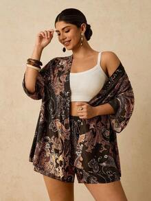 2 piezas Conjunto de talla grande Chaqueta de manga corta con estampado de leopardo, casual y de moda para uso diario - Marrón 2 - Ver 3