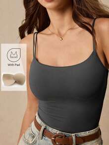 Camiseta de tirantes delgados de un solo color para mujer, simple y de moda para el verano - Gris Oscuro - Ver 8