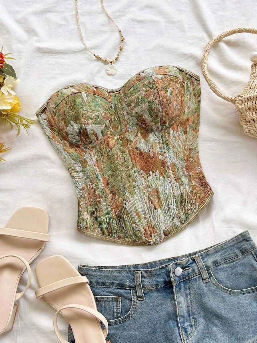 Blusa de tirantes con estampado floral vintage bohemio, elegante y tropical, ideal para vacaciones, boda en la playa, graduación, brunch, Día de San Patricio, Spring Break, Pascua, festivales de música, otoño/invierno - Verde - Ver 1