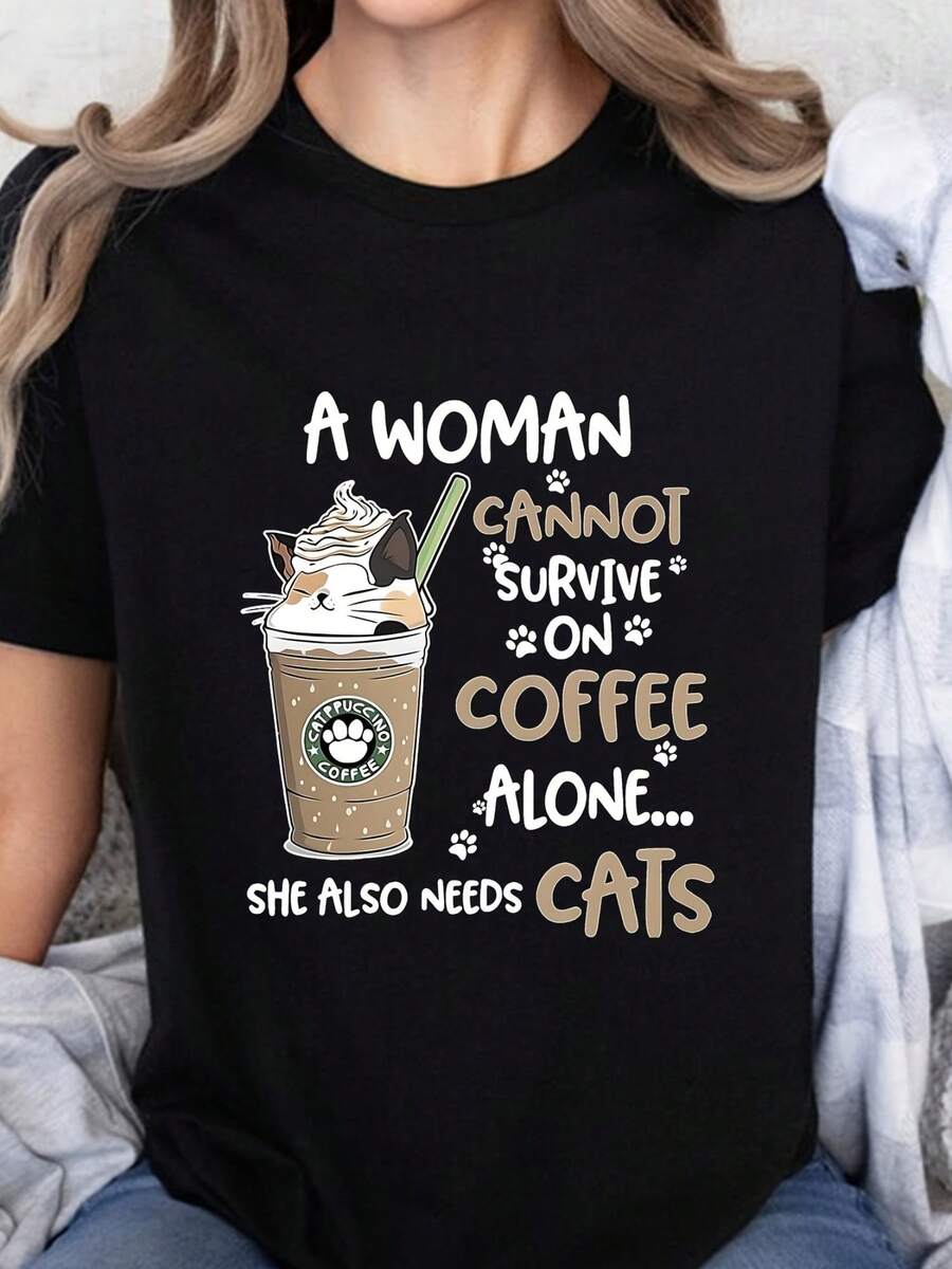 Camiseta Divertida de Mujer con Gato y Caf￩ - "Las mujeres no pueden vivir solo del caf￩... Tambi￩n necesita gatos" Estampado Gr£fico, Algod￳n Suave Manga Corta Cuello Redondo Casual, Lavable a M£quina /Blanco/Amarillo Dise￱o - Regalo Perfecto para Amantes de los Gatos, Atuendo Diario, Estampado Juguet￳n, Material Transpirable, Camisa Impresa, Ropa Humor￭stica, Estilo Peculiar, Camiseta Ligera, Tee Divertido