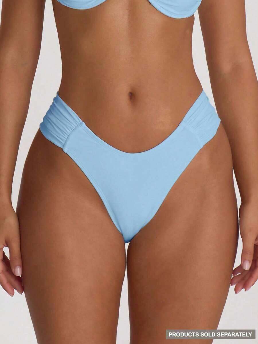 Resort - Braguitas de Bikini con Laterales Fruncidos y Corte Cheeky, Ropa de Baño para Vacaciones, Verano, Viajes, Playa, Básicos de Baño, Traje de Baño de Color Sólido, Resort Core - Azul - Ver 1