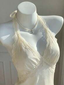 Top halter sin espalda con parches de lunares y encaje para mujer - Beis - Ver 1