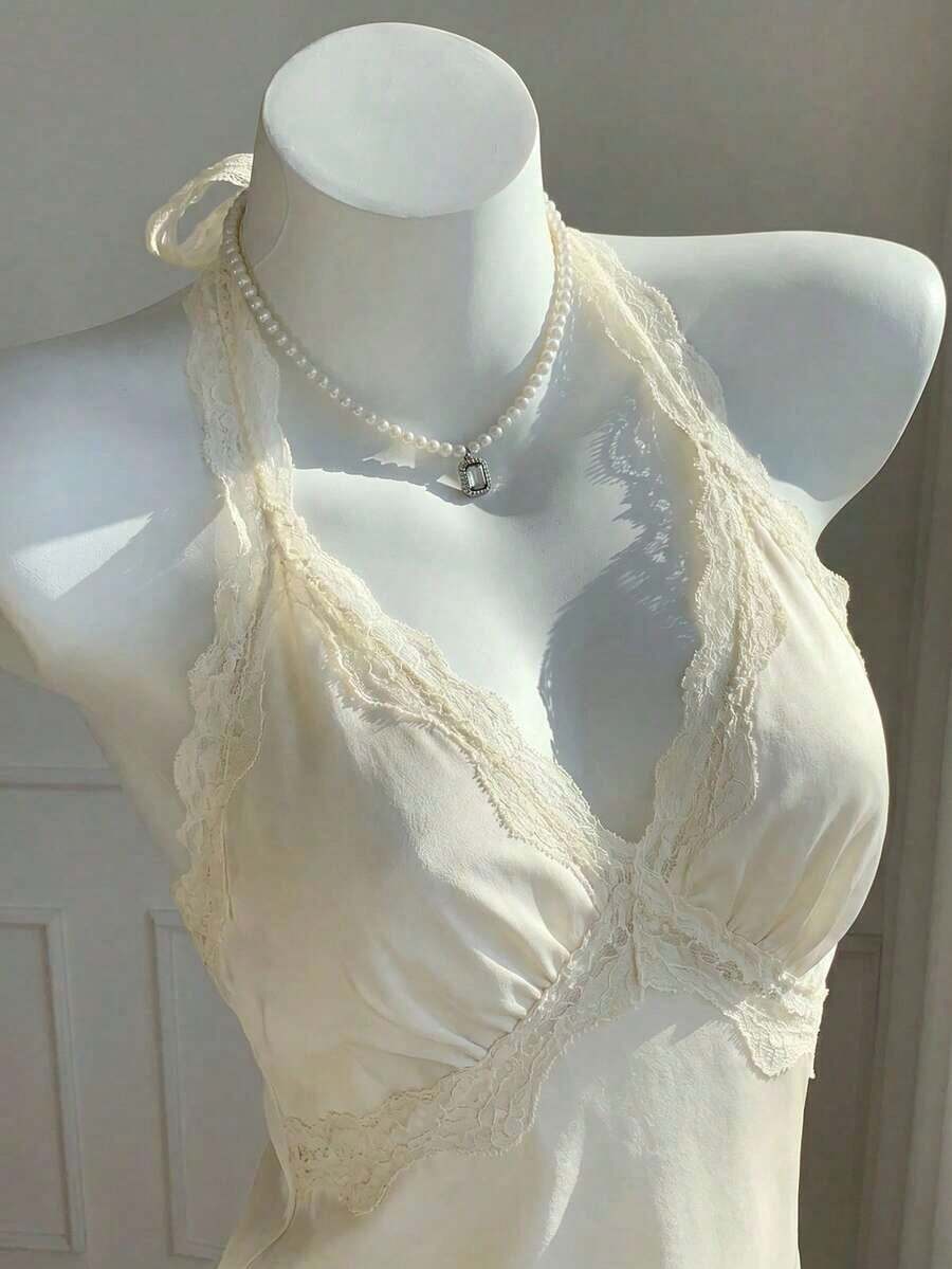 Top halter sin espalda con parches de lunares y encaje para mujer - Beis - Ver 1