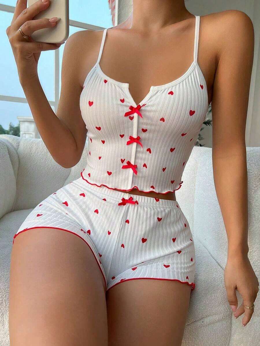 pijama / Pijama con estampado de corazón, ribete contrastante y lazo delantero - Blanco - Ver 1