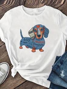 Camiseta de manga corta para mujer con estampado de perrito y salchicha, tela transpirable, estilo casual, nueva ropa de mujer. Camiseta de algodón para familia coordinada. - Blanco - Ver 3