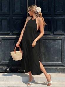 Vestido casual de vacaciones de corte moderno, de cuello halter, cruzado y con nudo en la espalda - Negro - Ver 7