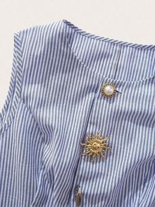 Blusa elegante de rayas azules con botones, adecuada para uso en la oficina, estilo vintage de verano casual para mujer - Multicolor - Ver 3