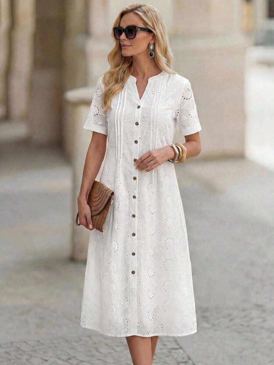 Vestido casual diario de encaje y parches para mujer, primavera y verano - Blanco - Ver 1