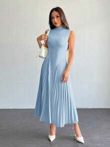 Vestido ajustado de línea A con pliegues elegante para mujer - Celeste - Ver 9