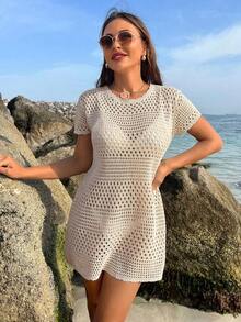 Conjunto de ropa de verano para mujer - Cubierta de playa de unicolor con cortes huecos, estilo de vacaciones de verano - Beis - Ver 6