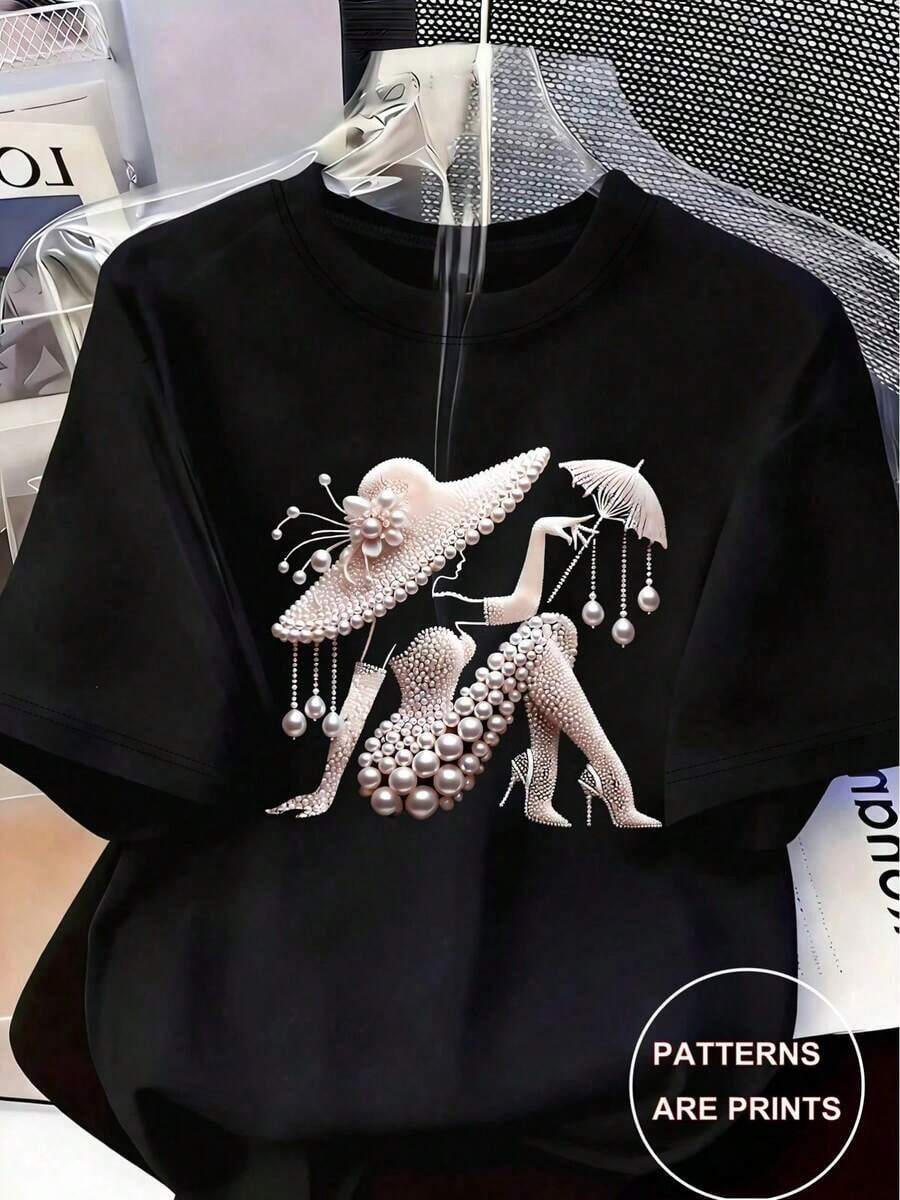 New Spring/Summer 2026 Collection: Elegant, Luxurious, And High Fashion Clothing! Women's Printed T-Shirt – Adorned With Pearl And Crystal Patterns, Vintage Tropical Style, Breathable And Comfortable - 黑色 - 查看 1