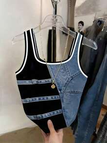 Camiseta de tirantes ajustada con estampado de denim regular, de gran para mujeres - Multicolor - Ver 2