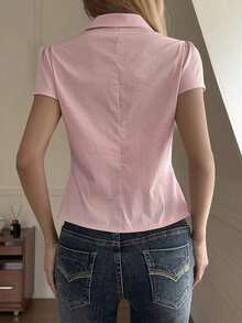 Blusa blanca de manga corta ajustada con cuello para mujer, de unicolor, para el verano - Rosa 4 - Ver 7