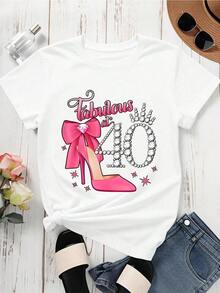 1 Piece Women's Round Neck T-Shirt With Pink Heel And Crown Print, Ideal For Celebrating 40 Years, Short Sleeve, Birthday Party Gift, 180g, 100% Cotton. - 白色 - 查看 3