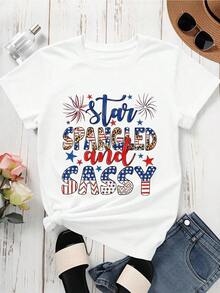 1 Piece Women's Crew Neck T-Shirt With Starry And Bold Print, Short Sleeve, 4th Of July Independence Day Celebration, Casual Patriotic Style, 180g 100% Cotton - 黑色 - 查看 8