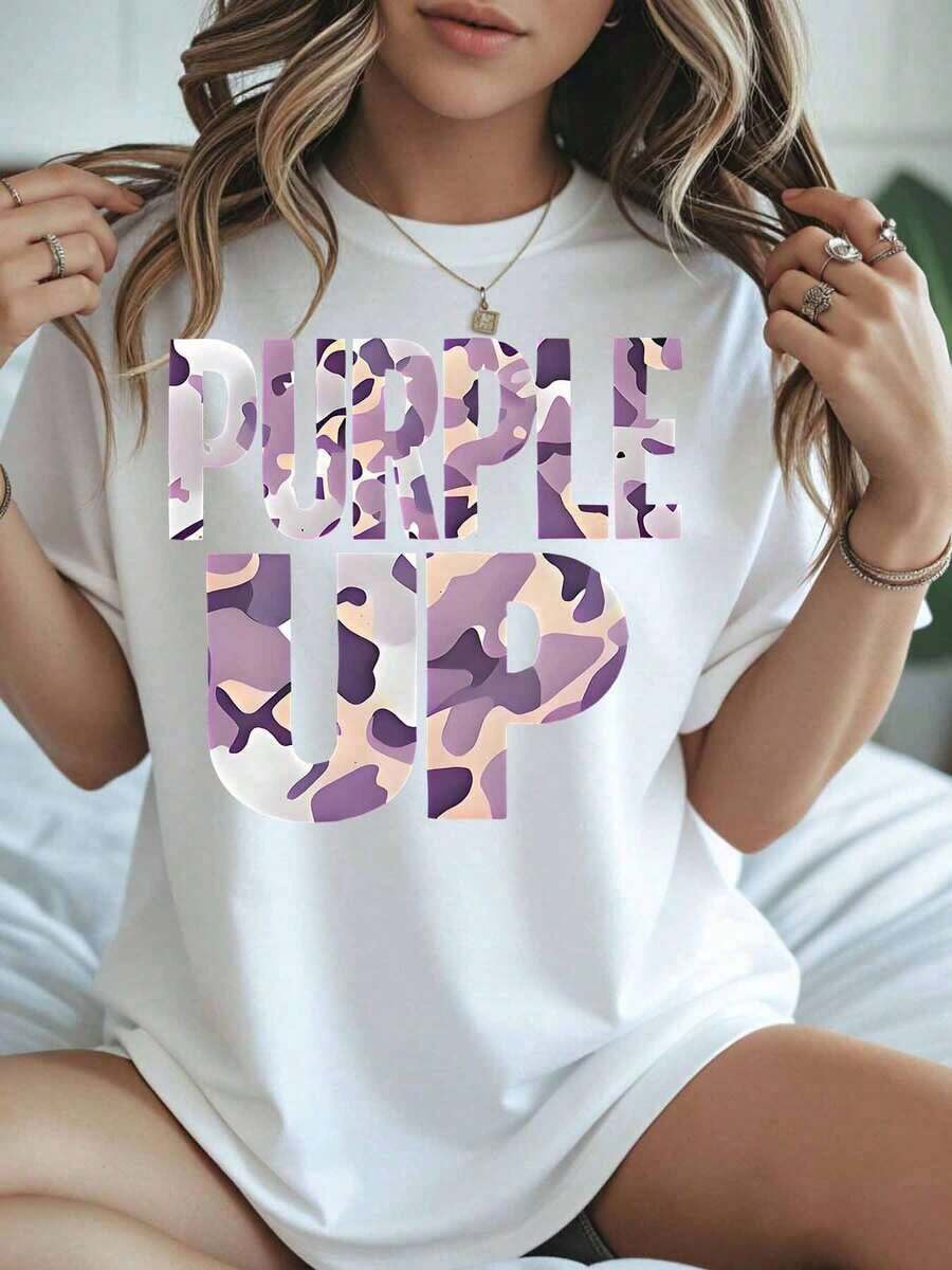 1 Piece Women's Plus Size Purple Camouflage Print Graphic T-Shirt, Casual Loose Fit For Everyday Wear, Summer Fashion, Style T-Shirt 180g 100% Cotton - 白色 - 查看 1