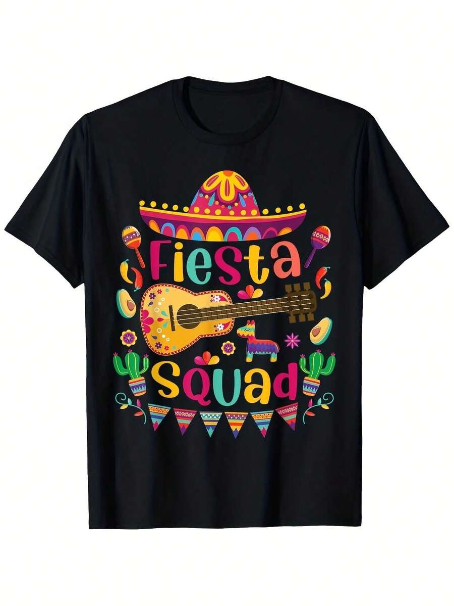 Mexican Carnival T-Shirt, Cinco De Mayo Style, With Wide Brim Hat, Guitar, And Chili Print, Durable Day Of The Dead Party Tee, Sizes S-XXXL (Black Version, Same Style As The 2026 Summer Short Sleeve Printed Tee). Perfect For Everyday Wear And Gifts, Circus Tee, Great For Vacations And Playtime, Excellent For Parties And Family Holidays, Party Outfits, Summer Outfits, Warm Weather Clothing. - 黑色 - 查看 1