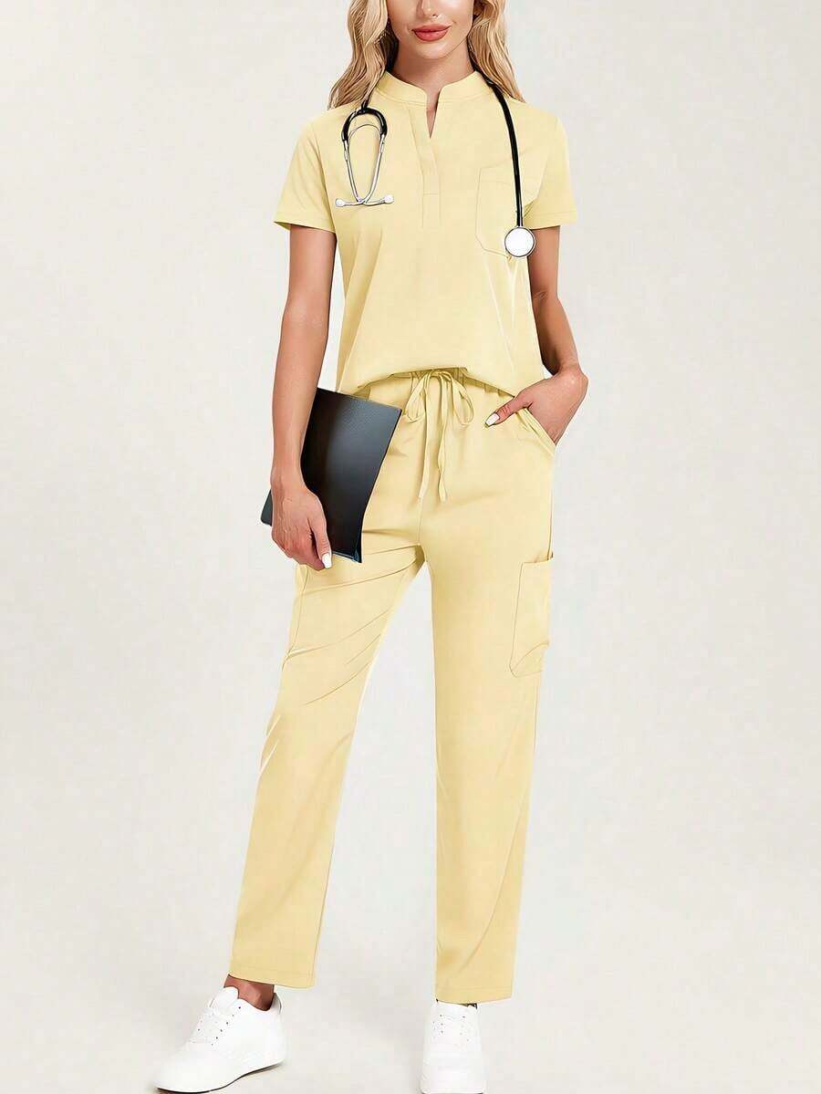 Conjunto de uniforme azul marino para mujer, hecho de tela de alta calidad y transpirable, adecuado para deportes, enfermería y trabajo, con bolsillos, perneras acampanadas, conjunto de uniforme de moda, adecuado para clínicas dentales, conjunto de unifor - Amarillo - Ver 1