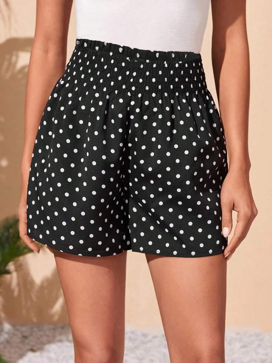 Pantalones cortos informales para mujer, pantalones cortos negros con cintura elástica y cintura alta con lunares, pantalones cortos holgados y elegantes, pantalones cortos para vacaciones de primavera y verano - Negro - Ver 1