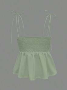 1 pieza Blusa casual sin mangas con volantes en el bajo, Elegante top tubo minimalista francés de color blanco puro, Camiseta sin mangas ajustada para vacaciones y viajes, Ligera camiseta con lazo delantero, Ropa exterior sexy tipo babydoll que acentúa las curvas, Primavera/Verano/Otoño - verde menta - Ver 5