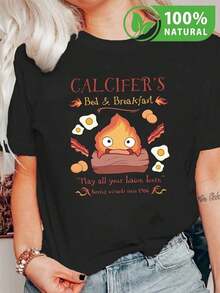 Camiseta Negra con Diseño Único de Calcifer Desayuno Retro para Amantes del Anime Moda Casual Mexicana Ideal para Fans de Studio  Algodón Suave y Cómodo Estilo Juvenil y Divertido Ropa Urbana  2023 - Negro - Ver 1