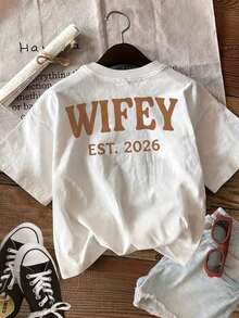 Women's Vintage T-Shirt With WIFEY EST 2026 Print, Bold Letter Graphic Design, Casual Round Neck, Loose Fit Pure Cotton Short Sleeve T-Shirt For Summer, Unisex - 白色 - 查看 2
