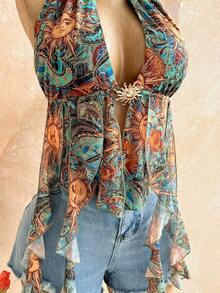 Blusa de mujer con encaje bordado, escote halter, espalda descubierta, tirantes con lazo, bajo fluido y elegante, adecuada para la playa, cruceros y resorts - Multicolor - Ver 4