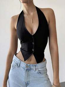Top sin mangas de verano de color liso con escote en la espalda y cuello colgante para damas - Negro - Ver 8