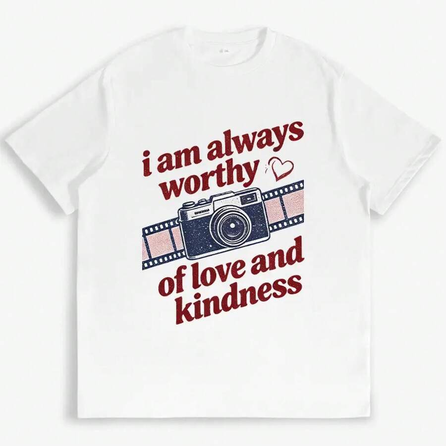 Vintage Graphic T-Shirt With Retro Camera Design 'I Am Always Worthy' With Positive Phrase, Y2K Style, Nostalgic, Comfortable, Casual For Daily Wear, Soft Cotton And Short Sleeve For Summer - 白色 - 查看 1