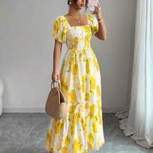 Elenzya Floral Print Waist Defined Puff Sleeve Square Neck Women Dress - Amarillo - Ver 1