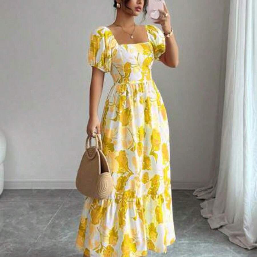Elenzya Floral Print Waist Defined Puff Sleeve Square Neck Women Dress - Amarillo - Ver 1