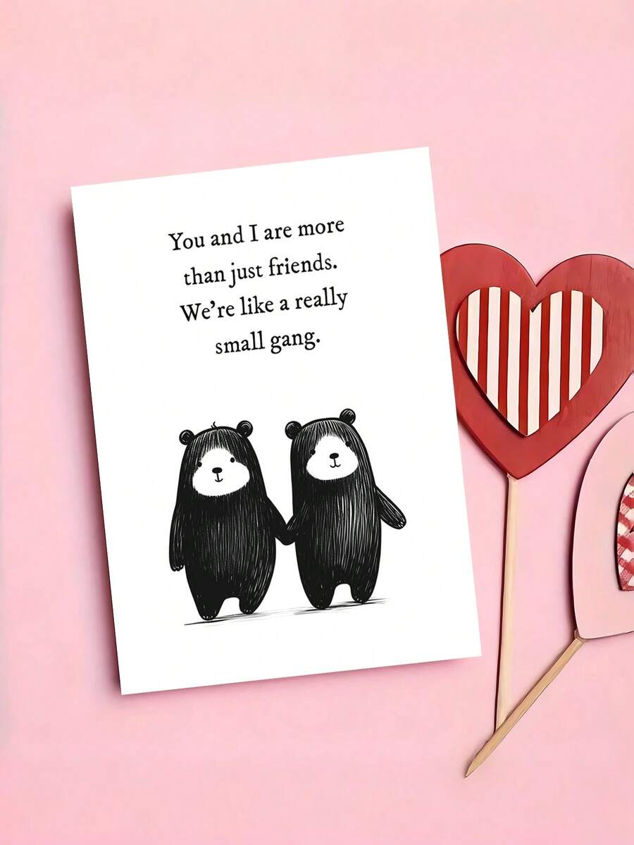 1pc "We're Like A Really Small Gang" Funny Friend Card With Envelope, Cute Bear Design Humorous Greeting For Best Friend, Suitable For Birthdays & Celebrations, Blank Inside - A - View 1