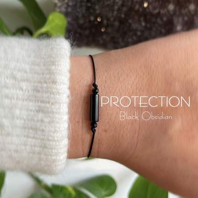 Black Drawstring Bracelet, Adjustable Obsidian Bracelet, Unisex Empathy Protection Bracelet, 1 Piece