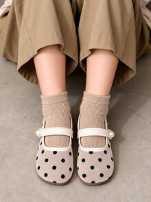 1 Pair New Girls' Black & White Polka Dot Mesh Mary Jane Shoes, Cream White Minimalist Vacation Style, Round Toe, Breathable, Durable, Non-Slip Rubber Sole, Flat Shoes, Pearl Strap Hook & Loop Closure, Suitable For 2-12 Years Old Girls, School, Daily, Outdoor, Party, Vacation Wear, Spring, Summer, All Seasons - Black and White - View 8