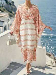 Vestido holgado de cuello en V para cubrir con estilo bohemio para vacaciones de playa en verano 2026, ropa bohemia para mujeres de talla grande, vestidos de talla grande para mujeres, ropa hippie de talla grande, vestido bohemio de talla grande, vestido kimono bohemio, vestido bohemio para vacaciones, vestido bohemio largo, vestido bohemio oversize, vestidos para mujer de manga larga y largo, vestido Zanzea para mujer, vestido para mujer, túnica, vestido de playa, ropa de resort para mujer, vestidos de playa para mujer, vestido largo estampado, vestido túnica para mujer - Caqui - Ver 5
