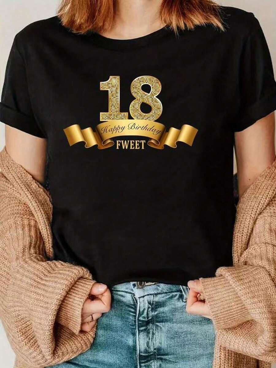 Camiseta feliz del 18 cumpleaños para mujer - Top casual de cuello redondo suave y cómodo, mezcla de poliéster, manga corta, tejido de punto, ligero estiramiento, longitud regular, moda primaveraverano