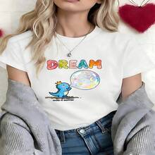 Kawaii Dream Dragon Graphic T-Shirt, 100% Cotton Oversized Soft Breathable Casual Crewneck Short Sleeve Top, Summer Vibes Aesthetic Streetwear Tee For Women & Dreamers - 白色 - 查看 5