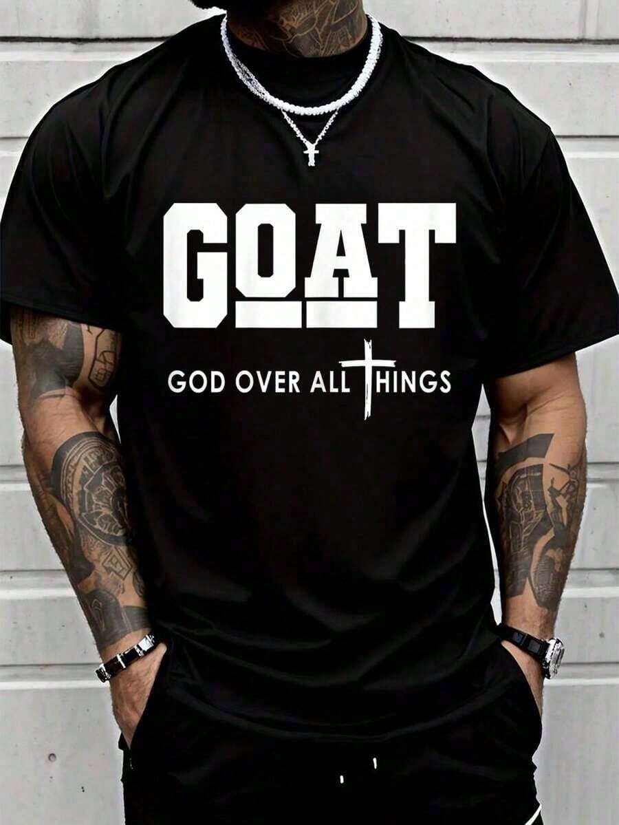 Camiseta de Algodón 100% con Impresión Divertida de Jesús Cristiano, Cuello Redondo de Manga Corta, Adecuada para Todas las Estaciones, Ropa de Hombre LK5M - Negro - Ver 1