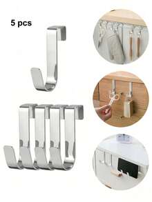 5pcs Stainless Steel Hanging Hooks, Minimalist Door Hooks, Desk Drawer Shelf Cabinet Hooks, Reversible Installation For Doors And Cabinets - Multicolor - View 1
