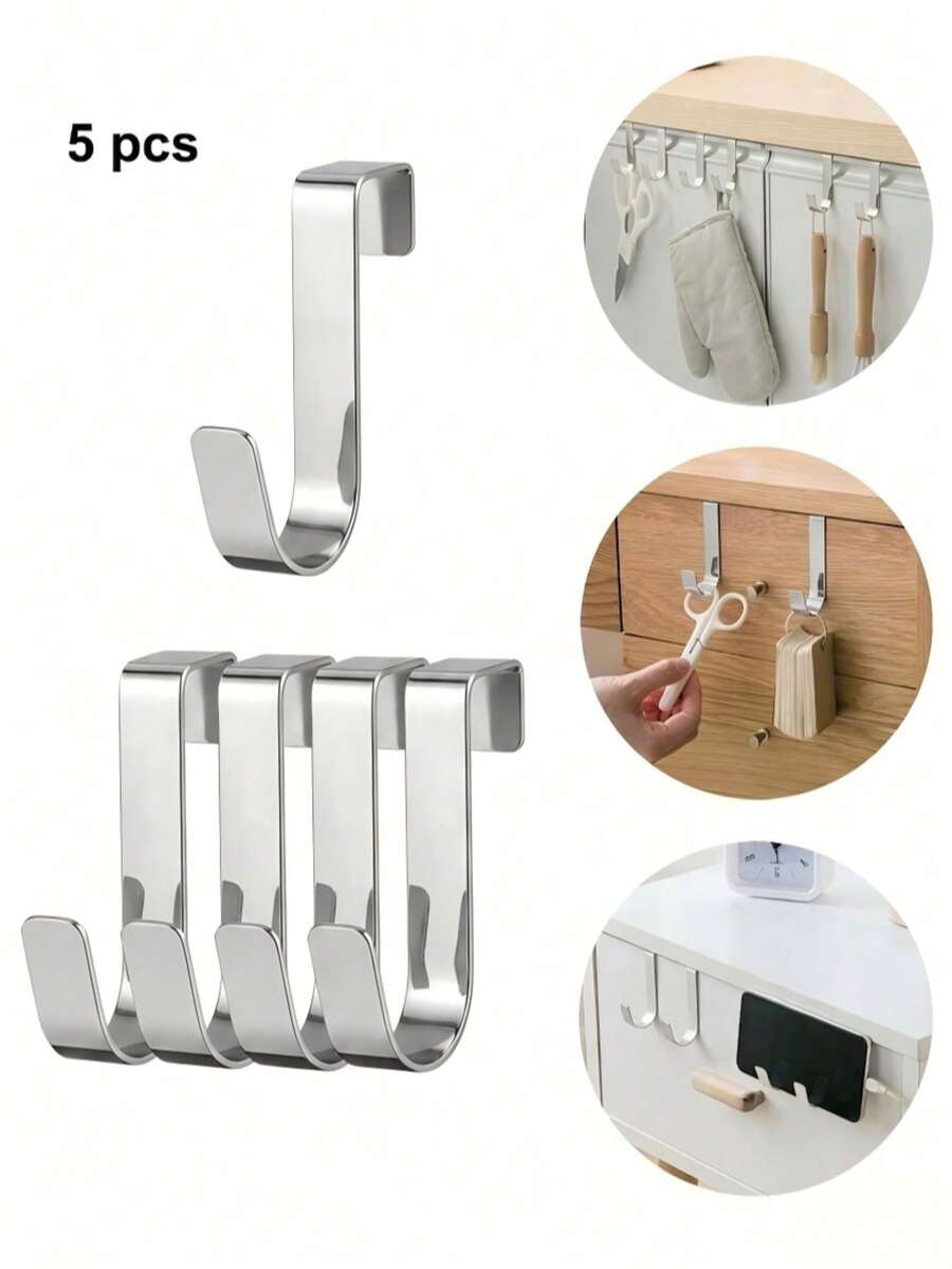 5pcs Stainless Steel Hanging Hooks, Minimalist Door Hooks, Desk Drawer Shelf Cabinet Hooks, Reversible Installation For Doors And Cabinets - Multicolor - View 1