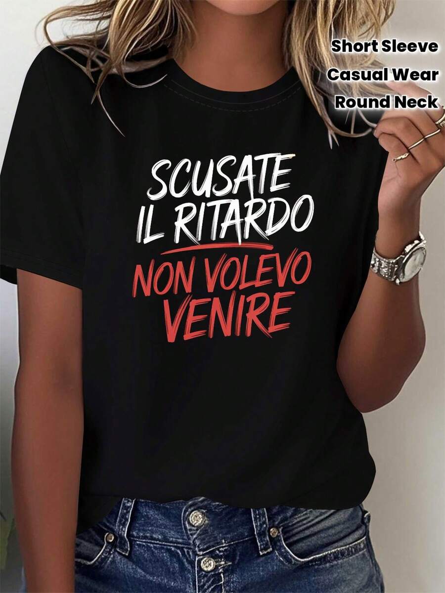 Camiseta unisex de manga corta, para mujerItalianoFraseCamiseta"Scusa"IlRitardoNoQueríaVenLo sientoSoyTardeYoNo lo hizoQuiereaCome-CortoMangaTripulaciónCuelloInformalBlusaSuperiorconItalianoRotulación,PrimaveraVeranoInformalVestimentaAdecuadoparaVerano&PrimaveraConjuntos de ropa deportivahombre, , , Dazymujer,romwehombres, bohochic,maestrasregalos,camisetaparaconjuntos de mujercon curvasparamu,y2k, - Negro - Ver 1