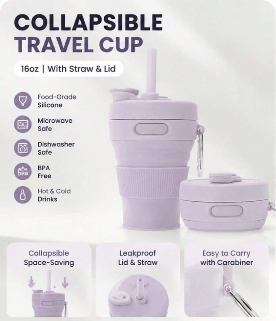 16-Ounce Silicone Foldable Travel Cup, Equipped With A Straw And Sealing Lid, Suitable For Both Hot And Cold Beverages; Foldable And Retractable, Portable And Space-Saving, Ideal For Outdoor Camping And Travel; Microwave- And Dishwasher-, And Durable - 淡紫色 - 查看 1