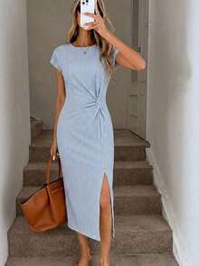 Vestido midi casual de mujer con estampado de lunares, cintura retorcida y abertura alta sin mangas; Vestido ajustado texturizado casual de mujer; Conjunto de fitness de mujer; Vestido de invitada de boda de mujer; Atuendo de oficina de mujer - Multicolor 6 - Ver 6