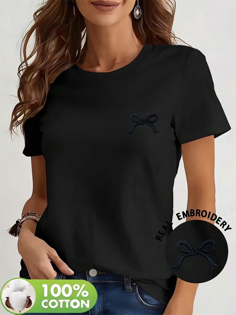 Camiseta 100% con diseño de corazón para mujer - Suave y cómoda, de manga corta, estilo casual para primavera/verano con diseño de lazo, lavable a máquina - Camiseta unisex de algodón h - Negro - Ver 1