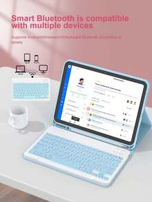 这款键盘保护套兼容 iPad (A16) 第 11 代、第 10 代、第 7/8/9 代，iPad Air 第 4/5 代/(M2) 2024/(M3) 2025，以及 iPad Pro 11 英寸（2018/2020/2021/2022）。它采用 PU 皮革材质，配备可拆卸无线键盘、150mAh 电池和内置 Apple Pencil 收纳槽。颜色为浅蓝色。 - 淺藍色 - 查看 7