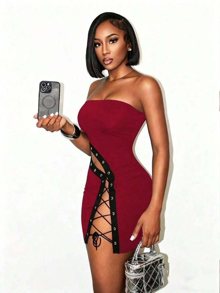 Women Short Dresses - 酒紅色 - 查看 5