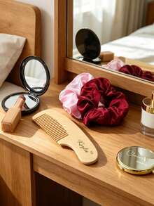 Custom Pocket Mirror Comb Set, Personalized Mini Makeup Mirror With Name & Text Design, Wooden Comb, Customized Compact Beauty Accessories For Travel Purse Vanity Use, Customizable Elegant Grooming Gift For Bridesmaids Friends Family - Coffee - View 3