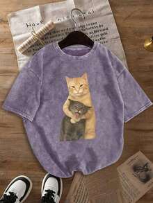 Camiseta de manga corta con estampado de gato interesante, top de diseño exclusivo y lindo, camiseta para mujer de talla grande, camiseta de algodón lavado, ropa casual de talla grande para mujer, tela con estampado de copos de nieve, top casual de cuello redondo cómodo de talla grande, camiseta vintage desgastada, ropa de mujer de talla grande, ropa de primavera/verano - Negro - Ver 10