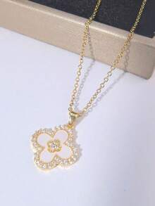 1件时尚百搭贝壳菱形花朵吊坠项链，优雅锁骨链，奢华美感 - 花朵項鍊 - 查看 3