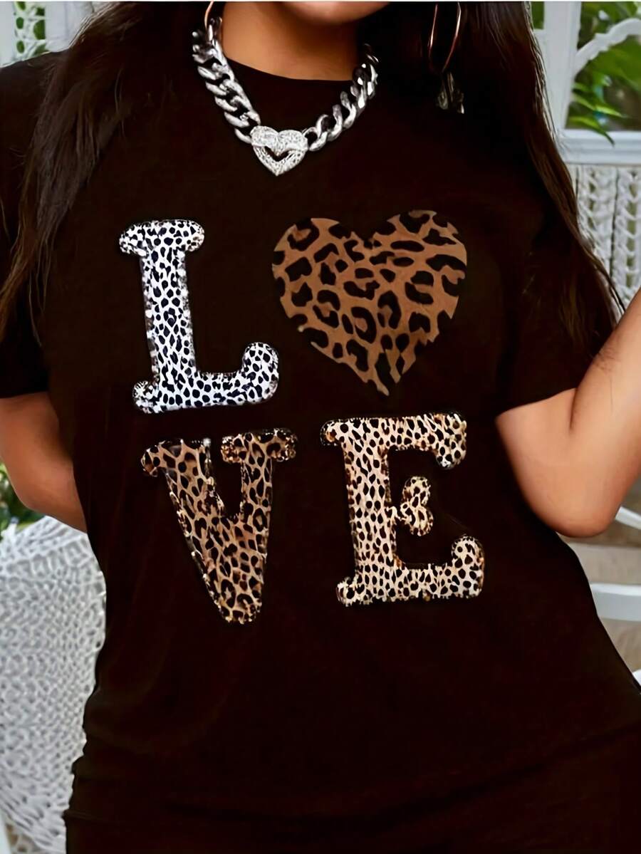 Women's Plus Size Leopard Print T-Shirt - Casual Short Sleeve Crew Neck Summer Top, Machine Washable & Dry Cleanable, With Gold Details, Loose Fit For Plus Size Fashion, Leopard Print Top, Plus Size Clothing - 黑色 - 查看 1